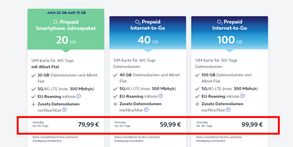 O2 Prepaid Jahrestarife und Jahrespaket