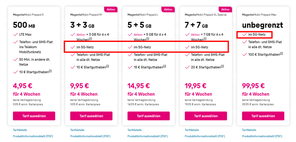 5G Prepaid Tarife der Telekom
